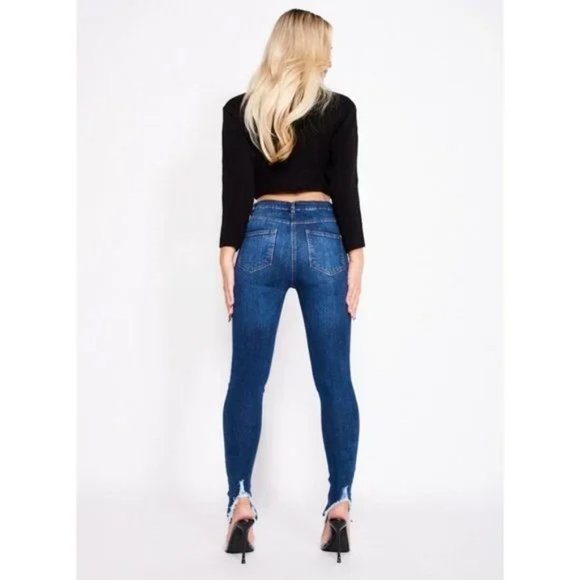 Blue High Waist Ripped Distressed Split Hem Skinny Jeans Denim Pants - Picture 9 of 13